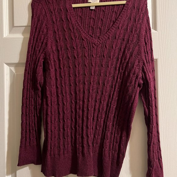 St. John's Bay V Neck Long Sleeve Cable Knit Pullover Sweater -1X Deep Ruby - Picture 2 of 5